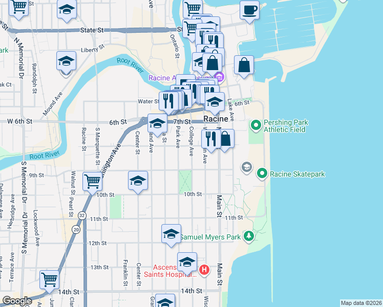 map of restaurants, bars, coffee shops, grocery stores, and more near 801 College Avenue in Racine