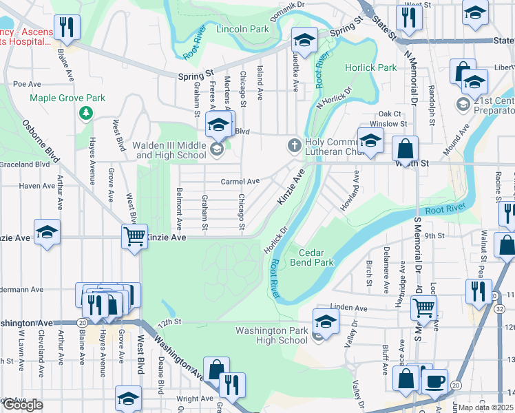 map of restaurants, bars, coffee shops, grocery stores, and more near 2127 Clarence Avenue in Racine