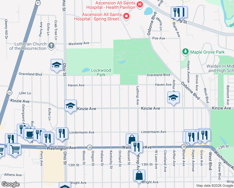 map of restaurants, bars, coffee shops, grocery stores, and more near 711 Kentucky Street in Racine