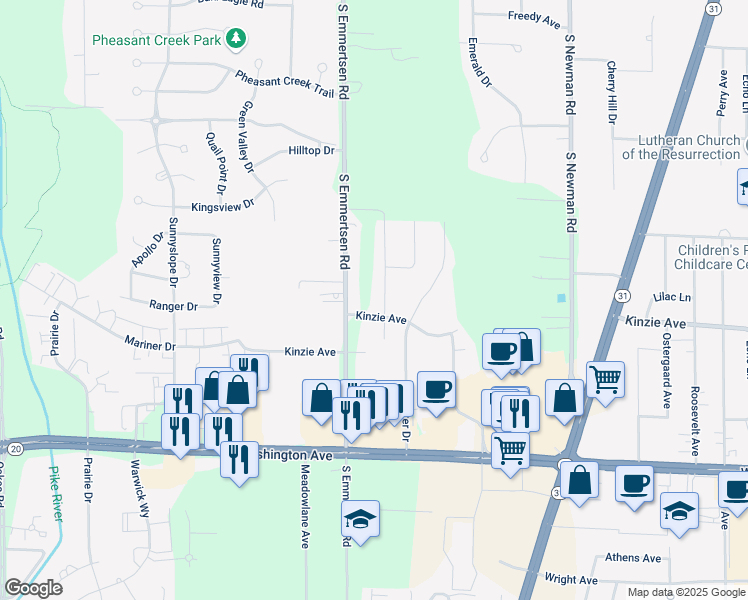 map of restaurants, bars, coffee shops, grocery stores, and more near 717 South Emmertsen Road in Mount Pleasant