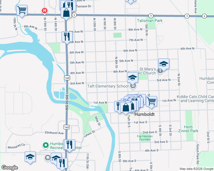 map of restaurants, bars, coffee shops, grocery stores, and more near 210 North 9th Street in Humboldt
