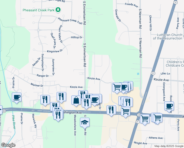 map of restaurants, bars, coffee shops, grocery stores, and more near 717 South Emmertsen Road in Mount Pleasant