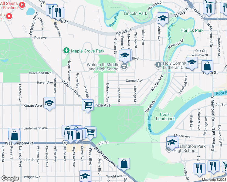 map of restaurants, bars, coffee shops, grocery stores, and more near 2418 Thor Avenue in Racine