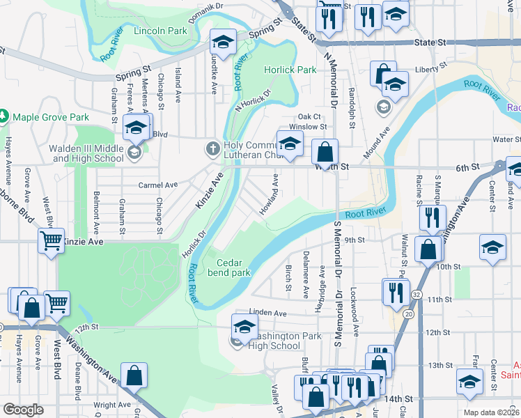 map of restaurants, bars, coffee shops, grocery stores, and more near 1818 Clayton Avenue in Racine