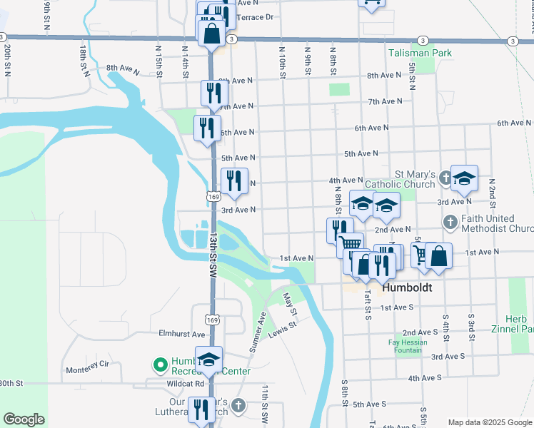 map of restaurants, bars, coffee shops, grocery stores, and more near 300-398 North 11th Street in Humboldt