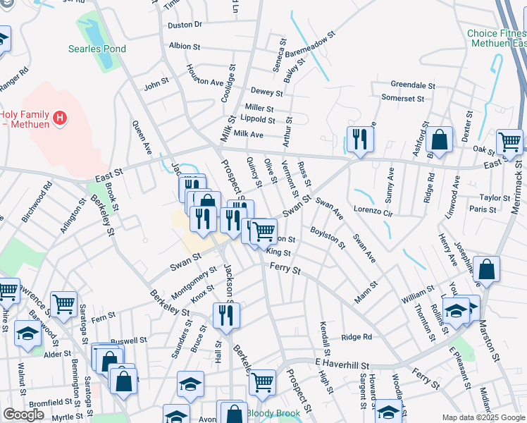 map of restaurants, bars, coffee shops, grocery stores, and more near 6 Quincy Street in Methuen