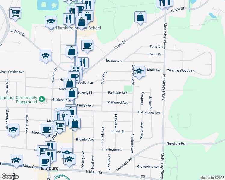 map of restaurants, bars, coffee shops, grocery stores, and more near 38 Parkside Avenue in Hamburg