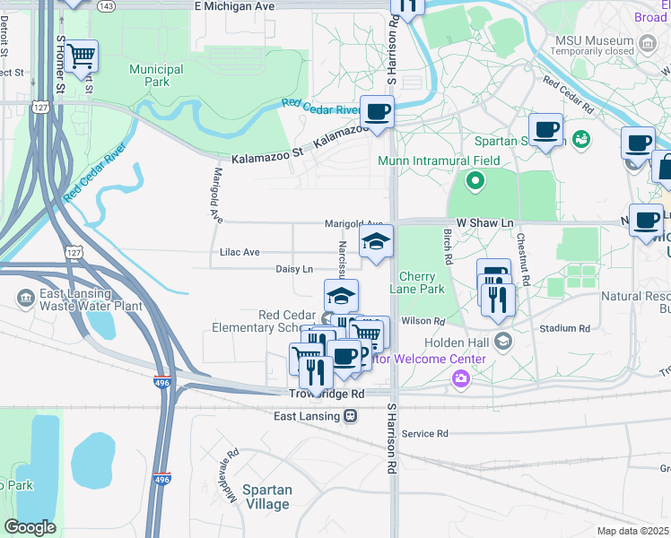 map of restaurants, bars, coffee shops, grocery stores, and more near 1019 Daisy Lane in East Lansing