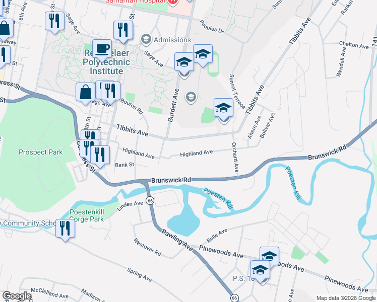 map of restaurants, bars, coffee shops, grocery stores, and more near 1621 Tibbits Avenue in Troy