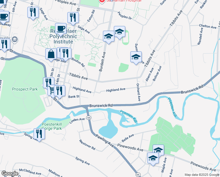 map of restaurants, bars, coffee shops, grocery stores, and more near 1621 Tibbits Avenue in Troy
