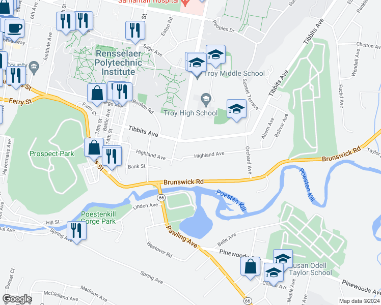 map of restaurants, bars, coffee shops, grocery stores, and more near 1621 Tibbits Avenue in Troy