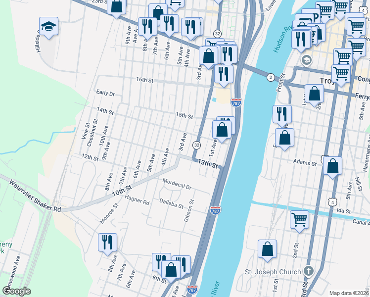 map of restaurants, bars, coffee shops, grocery stores, and more near 1330 3rd Avenue in Watervliet