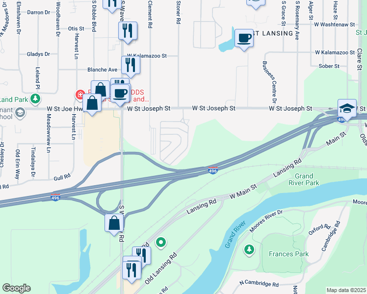map of restaurants, bars, coffee shops, grocery stores, and more near 927 Valley Ho Drive in Lansing
