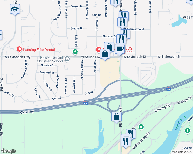 map of restaurants, bars, coffee shops, grocery stores, and more near 4202 Oakcrest Drive in Lansing