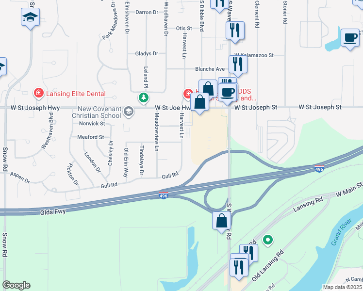 map of restaurants, bars, coffee shops, grocery stores, and more near 4202 Oakcrest Drive in Lansing