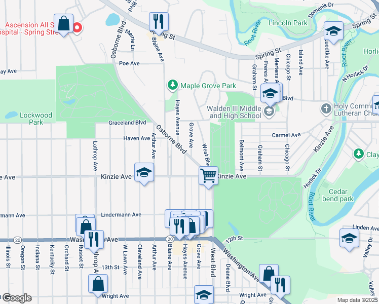map of restaurants, bars, coffee shops, grocery stores, and more near 713 Grove Avenue in Racine