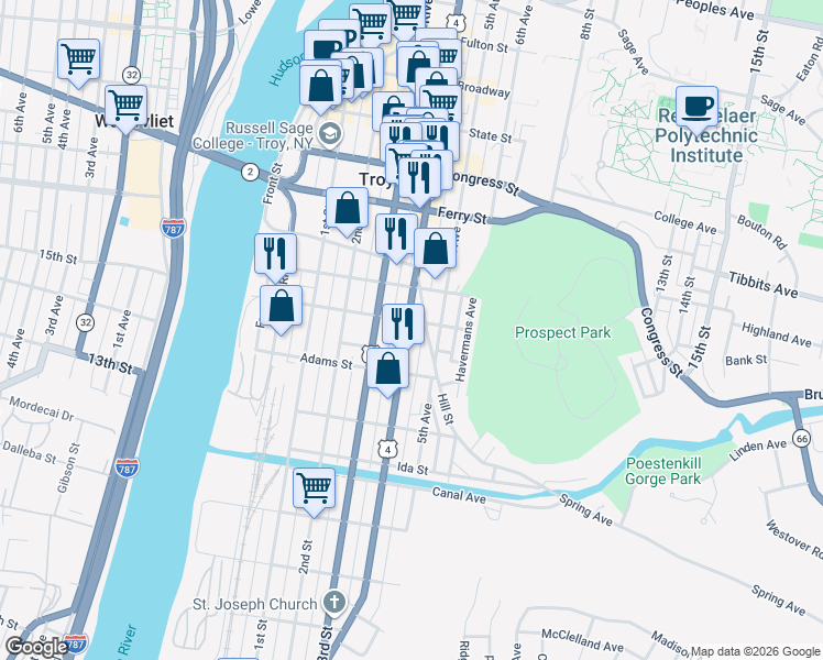 map of restaurants, bars, coffee shops, grocery stores, and more near 230 U.S. 4 in Troy