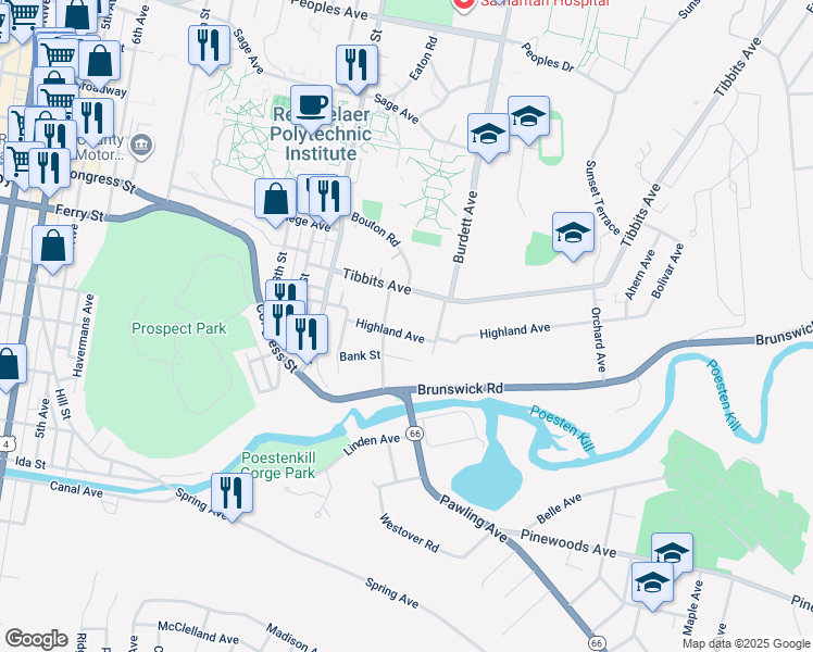 map of restaurants, bars, coffee shops, grocery stores, and more near 1713 Highland Avenue in Troy