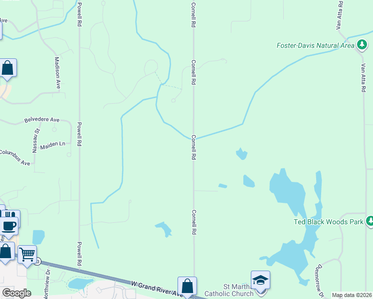 map of restaurants, bars, coffee shops, grocery stores, and more near 4805 Cornell Road in Okemos