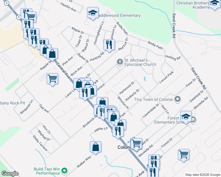 map of restaurants, bars, coffee shops, grocery stores, and more near 27 Fuller Terrace in Colonie