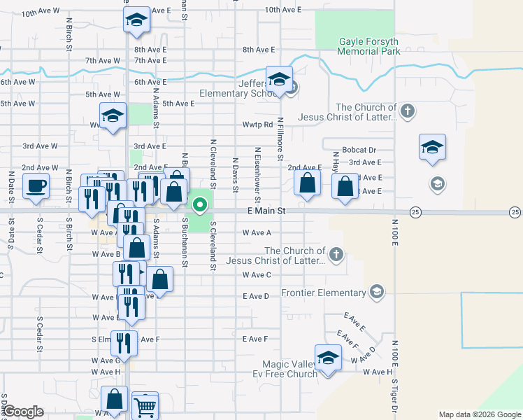 map of restaurants, bars, coffee shops, grocery stores, and more near 604 East Main Street in Jerome