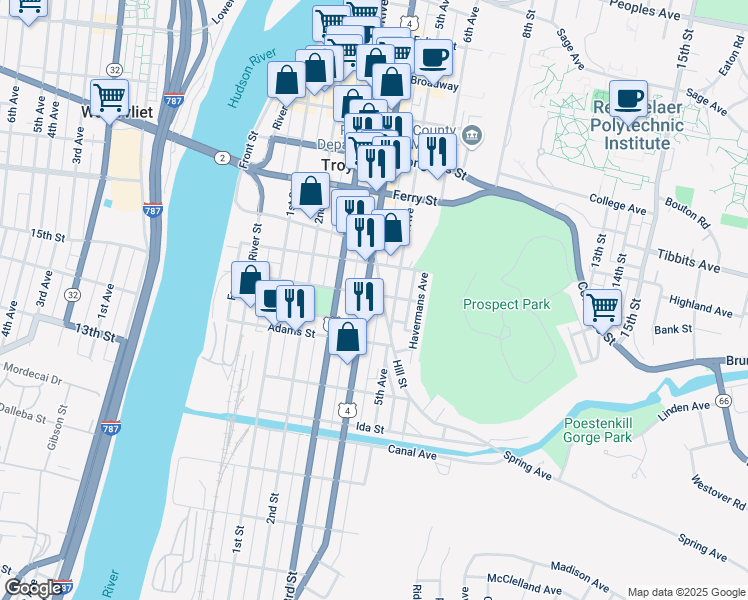 map of restaurants, bars, coffee shops, grocery stores, and more near 236 4th Street in Troy