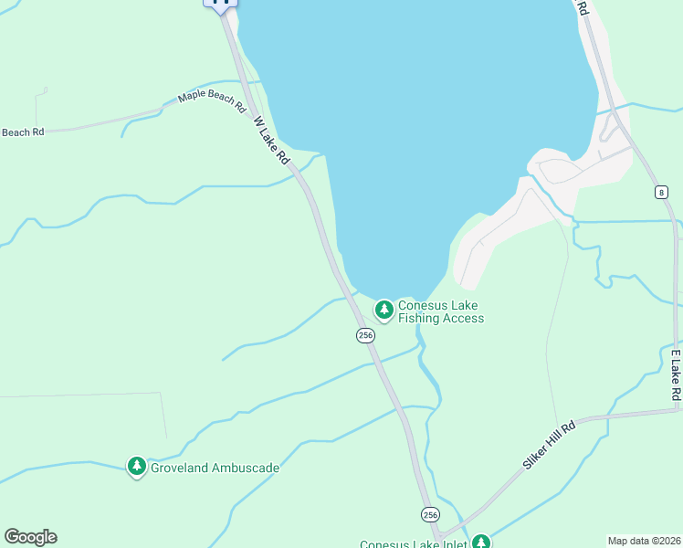 map of restaurants, bars, coffee shops, grocery stores, and more near 6091 West Lake Road in Conesus