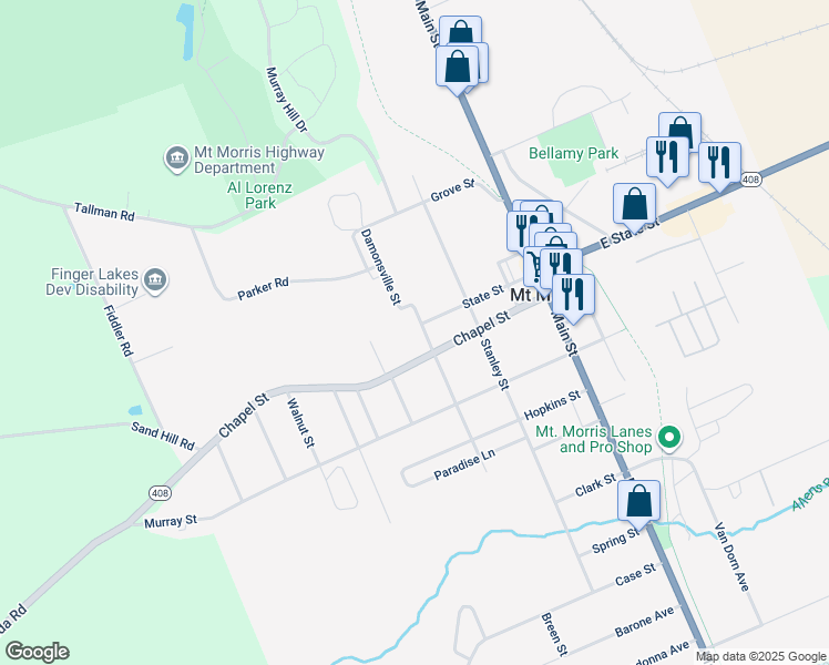 map of restaurants, bars, coffee shops, grocery stores, and more near 10 Eagle Street in Mount Morris
