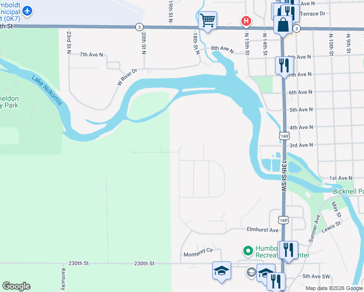 map of restaurants, bars, coffee shops, grocery stores, and more near 200 19th Street Southwest in Humboldt