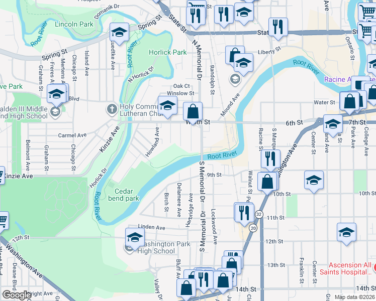 map of restaurants, bars, coffee shops, grocery stores, and more near 231 Harrison Street in Racine