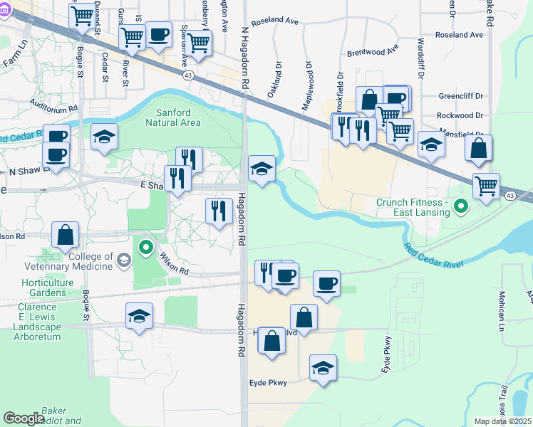 map of restaurants, bars, coffee shops, grocery stores, and more near 4908 Hagadorn Road in East Lansing