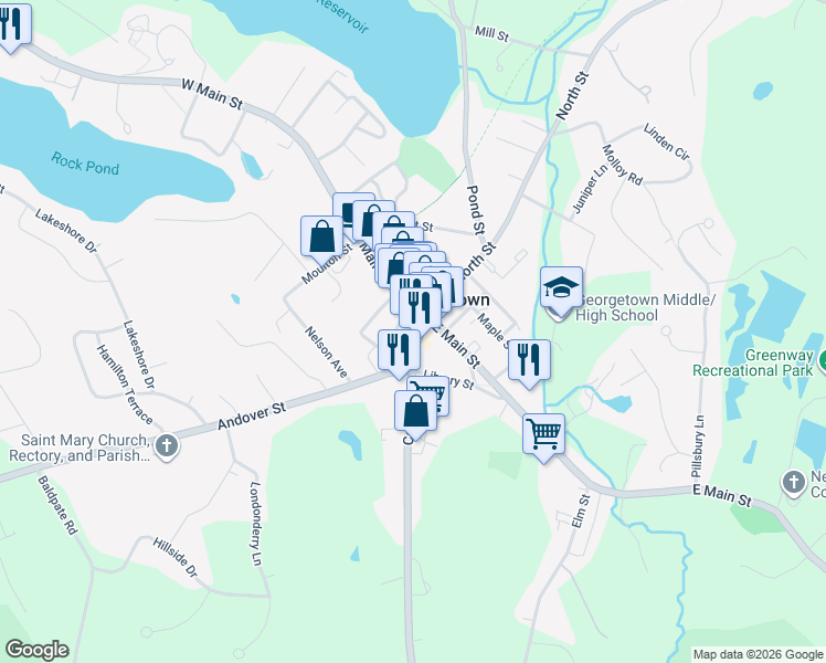map of restaurants, bars, coffee shops, grocery stores, and more near 10 West Main Street in Georgetown