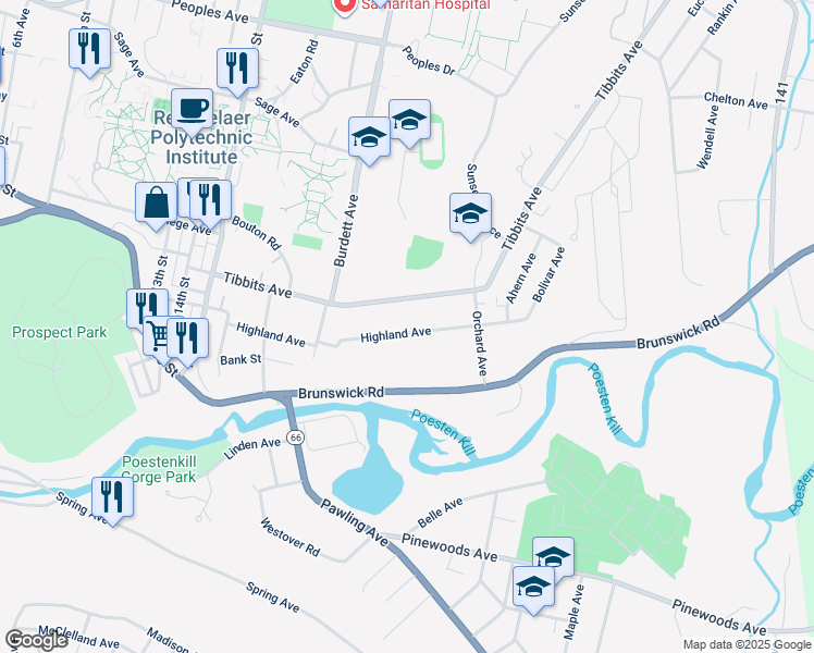 map of restaurants, bars, coffee shops, grocery stores, and more near 1651 Tibbits Avenue in Troy