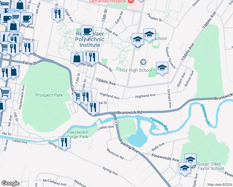 map of restaurants, bars, coffee shops, grocery stores, and more near 1713 Highland Avenue in Troy