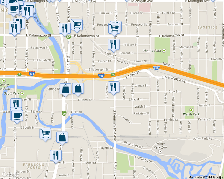 map of restaurants, bars, coffee shops, grocery stores, and more near 1000 South Pennsylvania Avenue in Lansing