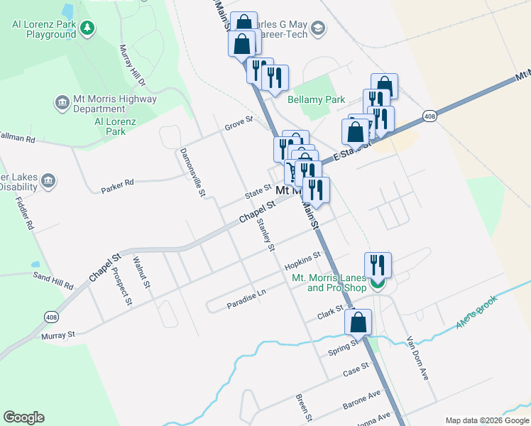 map of restaurants, bars, coffee shops, grocery stores, and more near 43 Chapel Street in Mount Morris