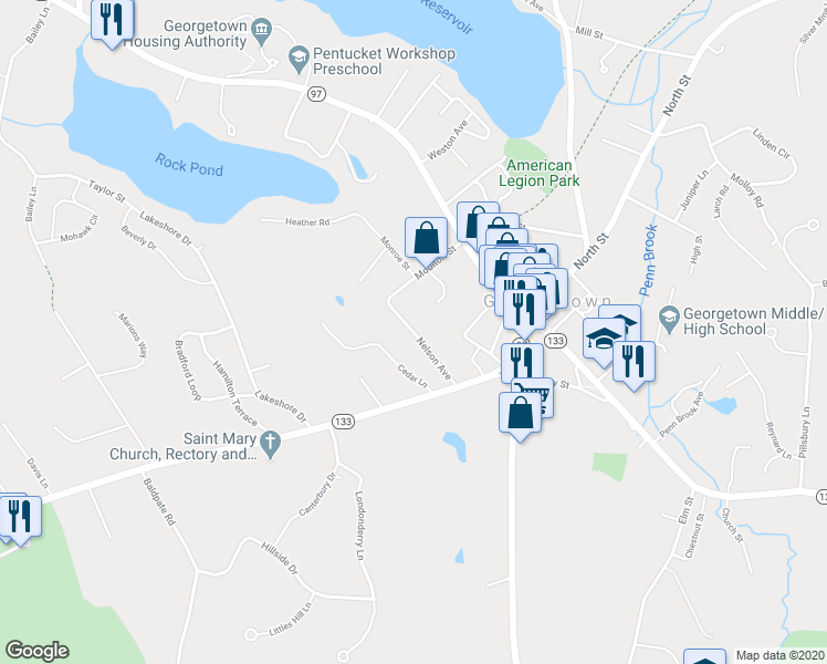 map of restaurants, bars, coffee shops, grocery stores, and more near 22 Nelson Avenue in Georgetown
