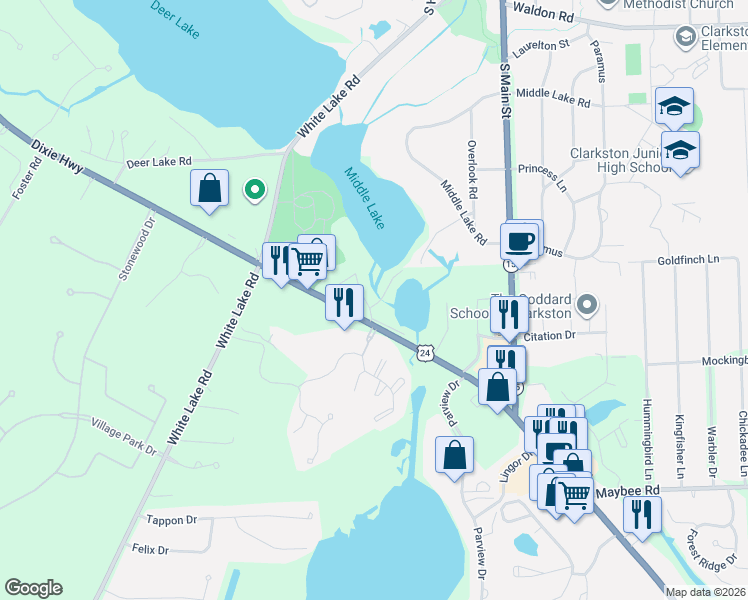 map of restaurants, bars, coffee shops, grocery stores, and more near 5950 Pinehurst Court in Clarkston
