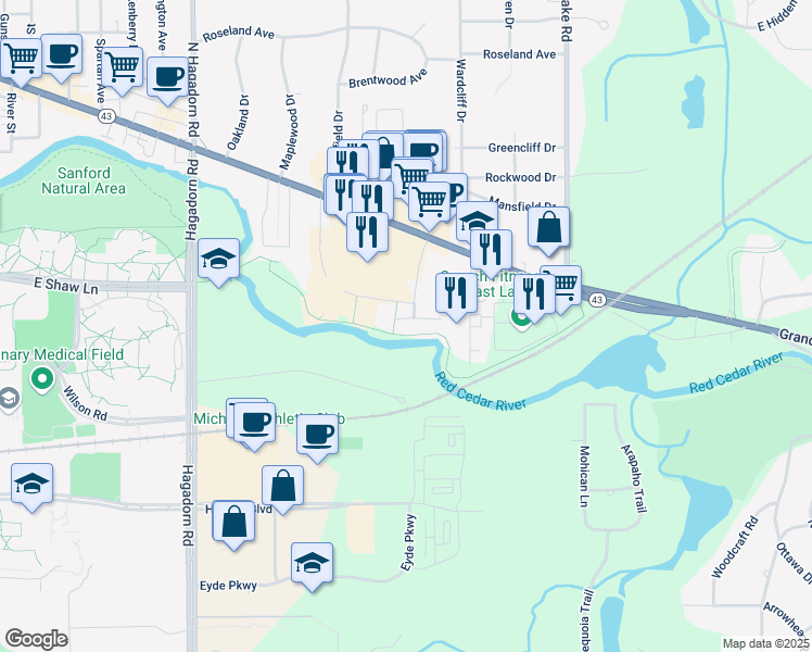 map of restaurants, bars, coffee shops, grocery stores, and more near 2751 Northwind Drive in East Lansing