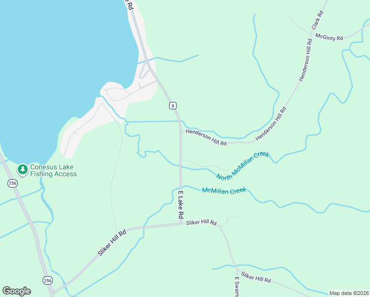 map of restaurants, bars, coffee shops, grocery stores, and more near 6129 East Lake Road in Conesus