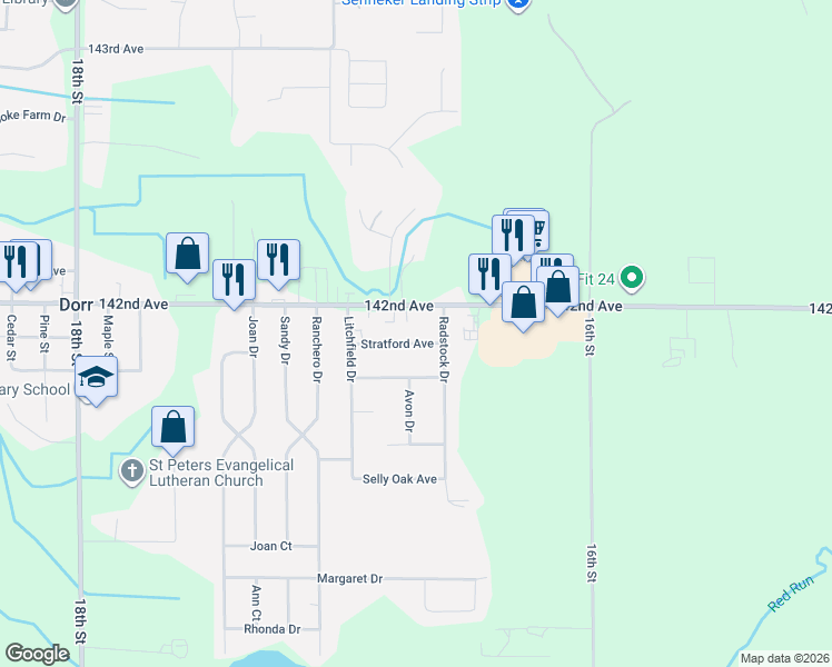 map of restaurants, bars, coffee shops, grocery stores, and more near 1665 Stratford Avenue in Dorr
