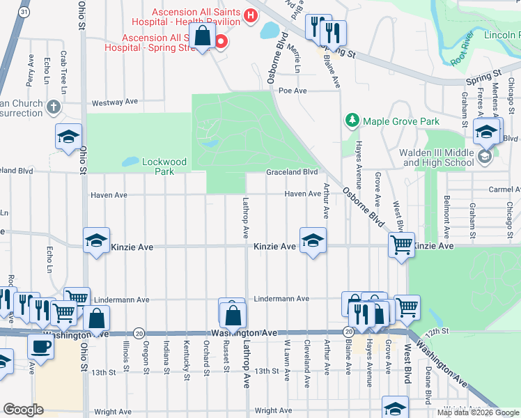 map of restaurants, bars, coffee shops, grocery stores, and more near 712 Monroe Avenue in Racine