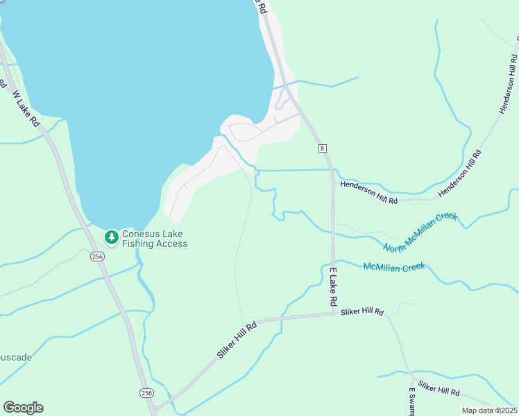 map of restaurants, bars, coffee shops, grocery stores, and more near 6105 Dacola Shores Road in Conesus