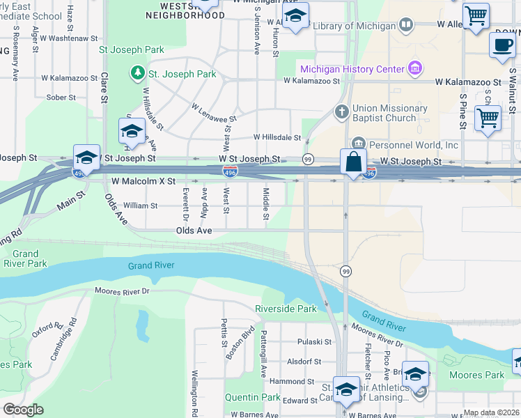 map of restaurants, bars, coffee shops, grocery stores, and more near 1516 William Street in Lansing