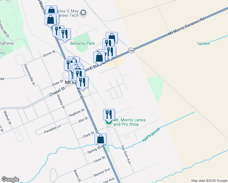 map of restaurants, bars, coffee shops, grocery stores, and more near 320 Patio Lane in Mount Morris