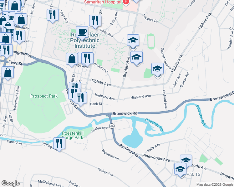 map of restaurants, bars, coffee shops, grocery stores, and more near 11 Bleeker Avenue in Troy