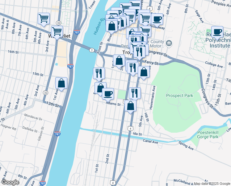 map of restaurants, bars, coffee shops, grocery stores, and more near 183 2nd Street in Troy
