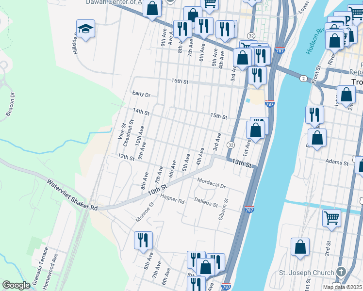 map of restaurants, bars, coffee shops, grocery stores, and more near 1313 5th Avenue in Watervliet