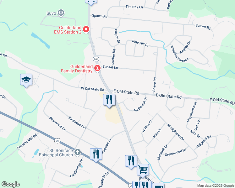 map of restaurants, bars, coffee shops, grocery stores, and more near 3014 East Old State Road in Schenectady