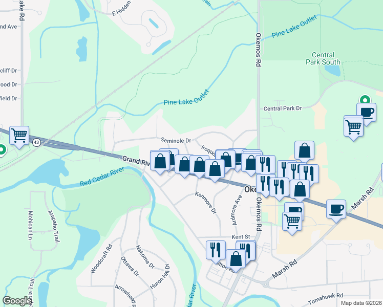 map of restaurants, bars, coffee shops, grocery stores, and more near 4960 Sioux Way in Meridian charter Township